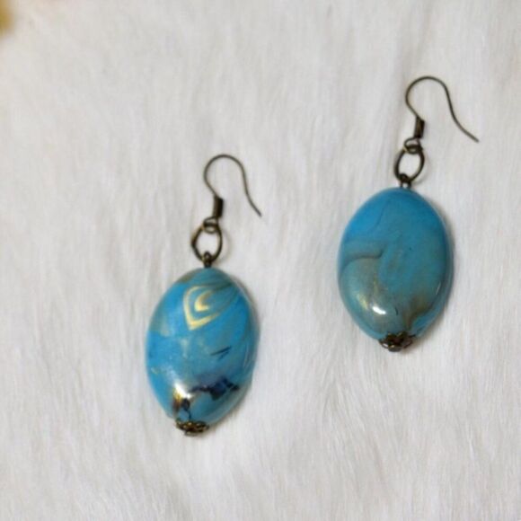 Large Gold Marbled Turquoise Earrings - Picture 2 of 3